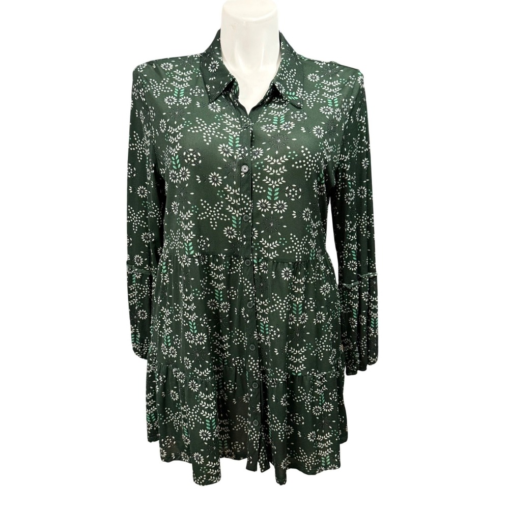 Style & Co Womens XXL Green Floral Button Front Tiered Shirt Dress Long Sleeve